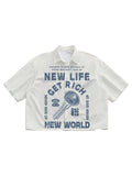 GORGLITTER Men's Graphic Button Up Cropped Shirt Short Sleeve Collar Top Streetwear Apricot X-Small