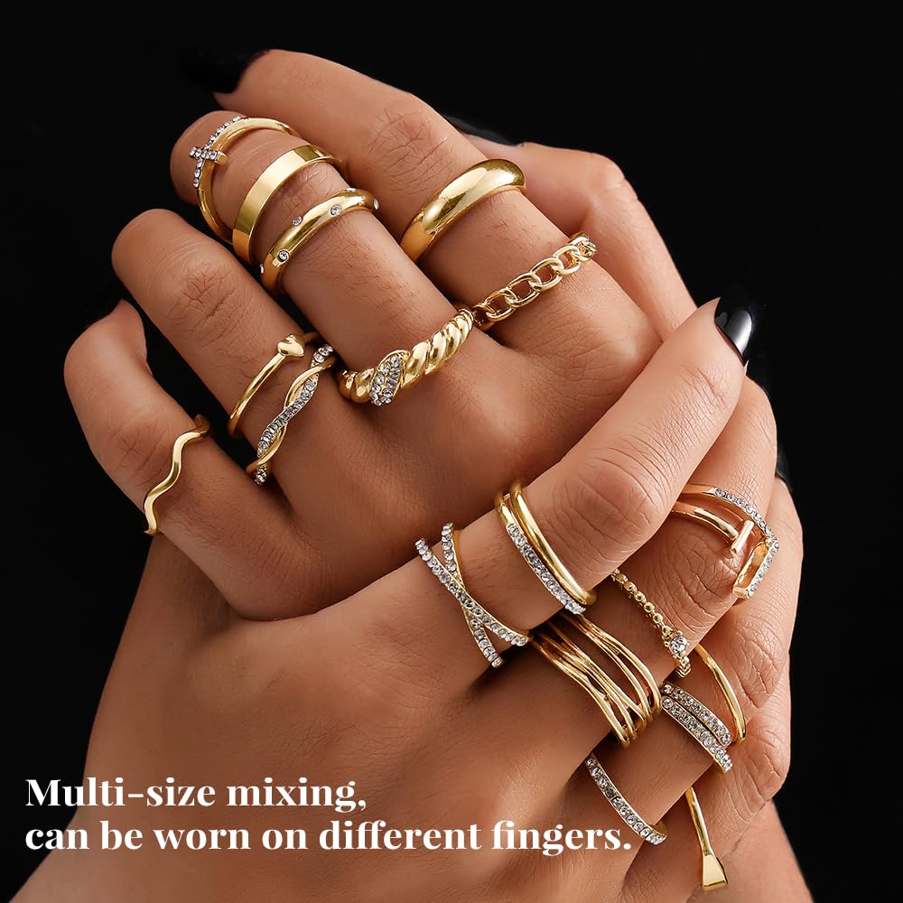 KISS WIFE Gold Silver Black Kunckle Rings Set for Women , Dainty Simple Trendy Cute Stackable Finger Rings Pack, Perfect for Stacking Layering on Thumb and Knuckle, Mixed Size, Jewelry Gift (Gold-Sparkling)