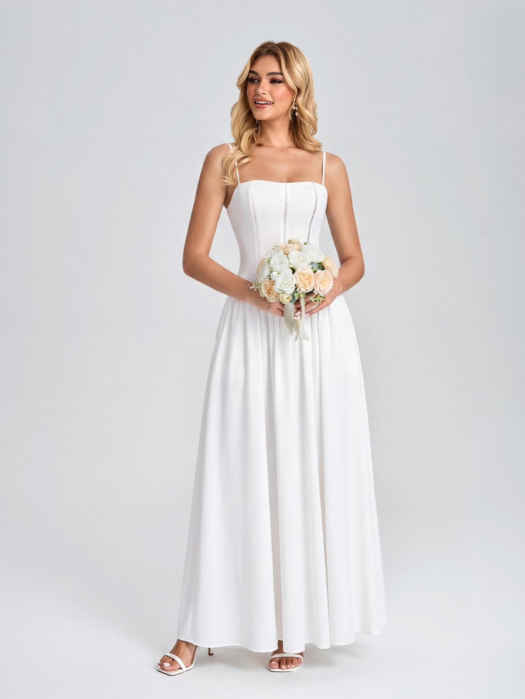 VKIHOC Women Floral Corset Maxi Dress Spaghetti Strap Lace Up Flowy A Line Wedding Guest Long Dress with Pockets White