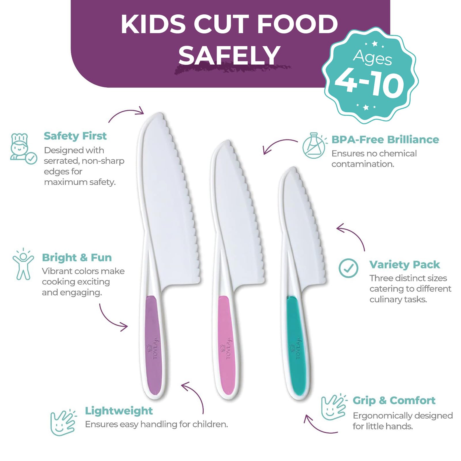 Tovla Jr. Kid Safe Knife Set for Real Cooking | 3-Piece Toddler Kitchen Knives | Montessori & STEM Cooking Tools Ages 4–12 | BPA-Free, Dishwasher-Safe | Christmas, Birthday & Stocking Stuffer Gift