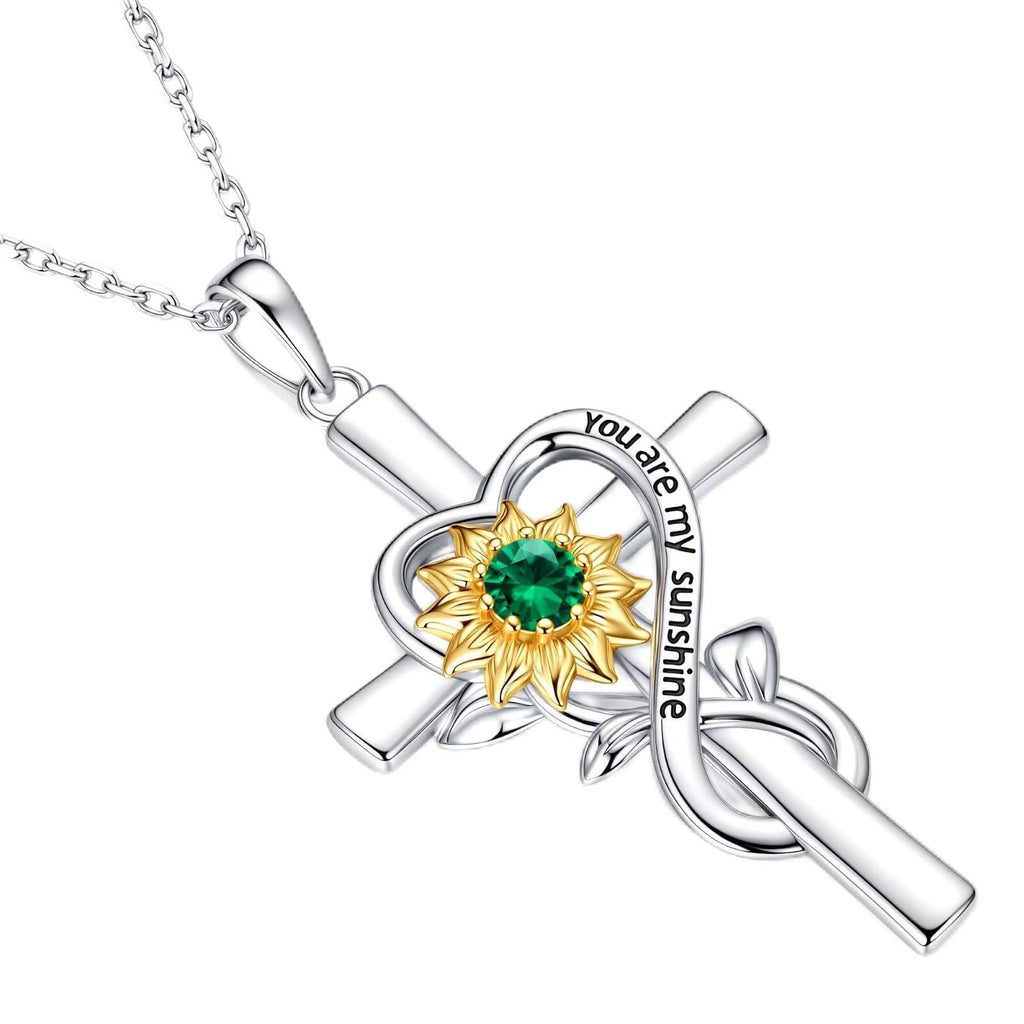 Iefil Mothers Day Gifts for Mom - First Time Mom Gifts | Sunflower Necklace, Simulated Emerald Cross Necklace for Women