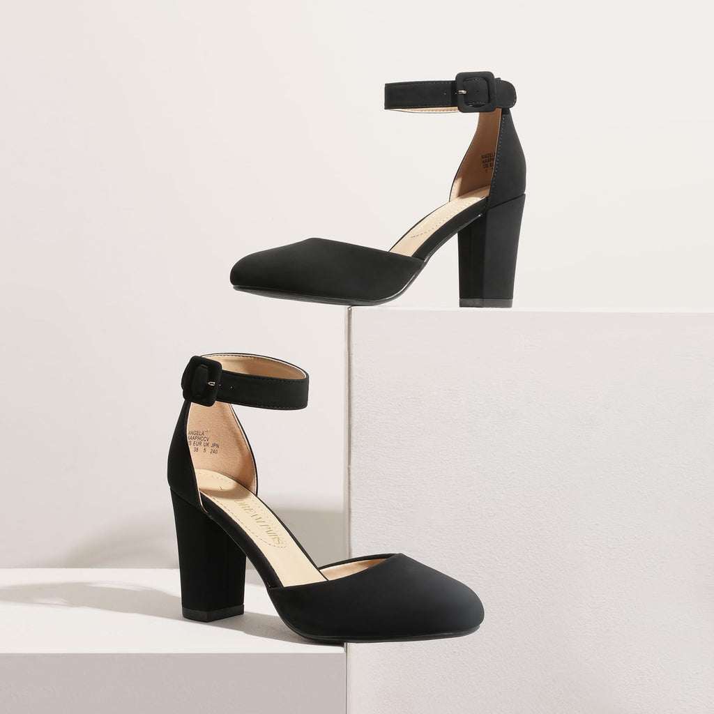 DREAM PAIRS Women's High Heel Ankle Strap Closed Toe Chunky Wedding Party Pumps Shoes,Size 7.5,Black/Nubuck,Angela