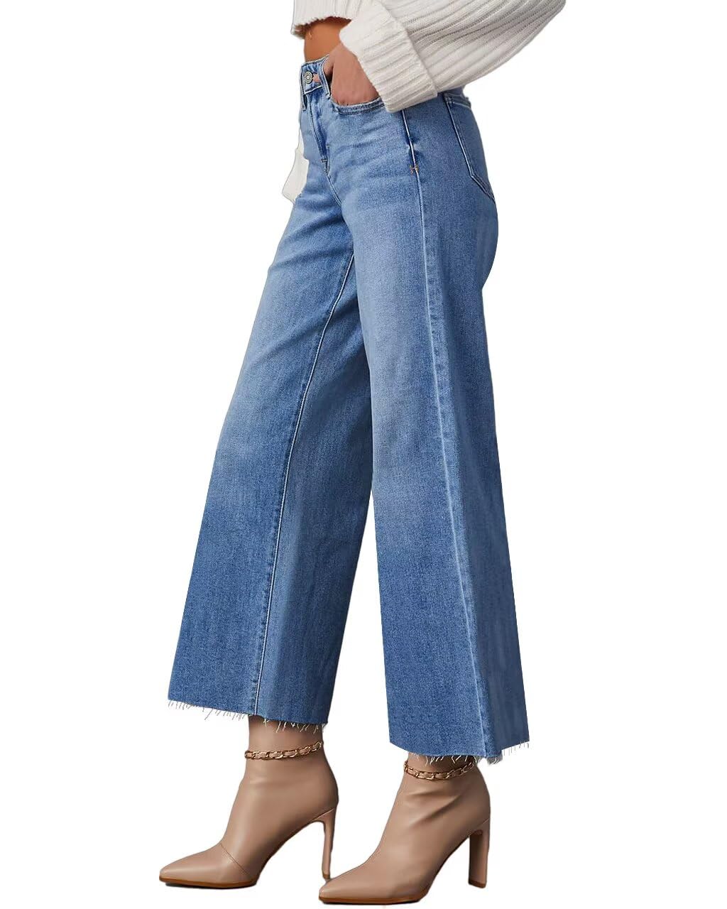 Allimy Womens High Waisted Capri Pants Wide Leg Pants Woman Cropped Jeans Baggy Barrel Jeans for Women Trendy Denim Blue Size 8