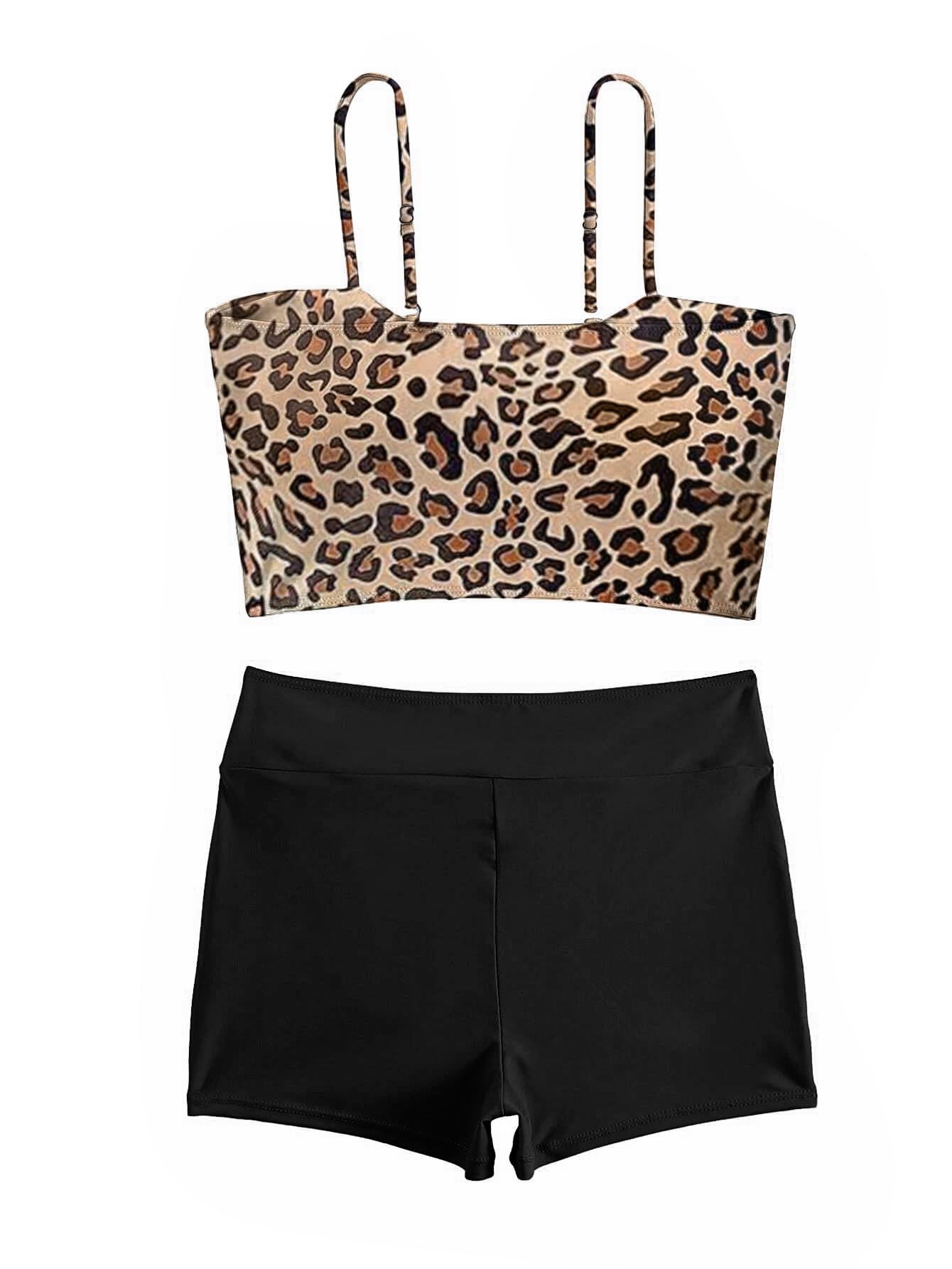 Lilosy High Waisted Tummy Control Drawstring Bikini Set String Swimsuit Cami Top and Tie Side Shorts 2 Piece Women Bathing Suit Leopard Small
