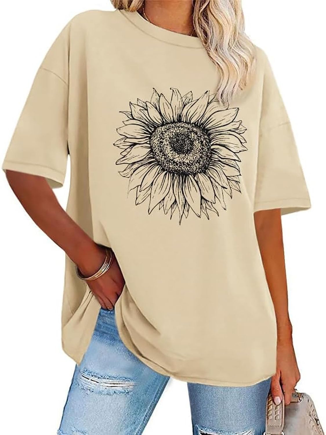 Womens Oversized Tshirt Graphic Tees Crew Neck Summer Short Sleeve Loose Fit Tops (A-Sunflower Print Khaki, L)