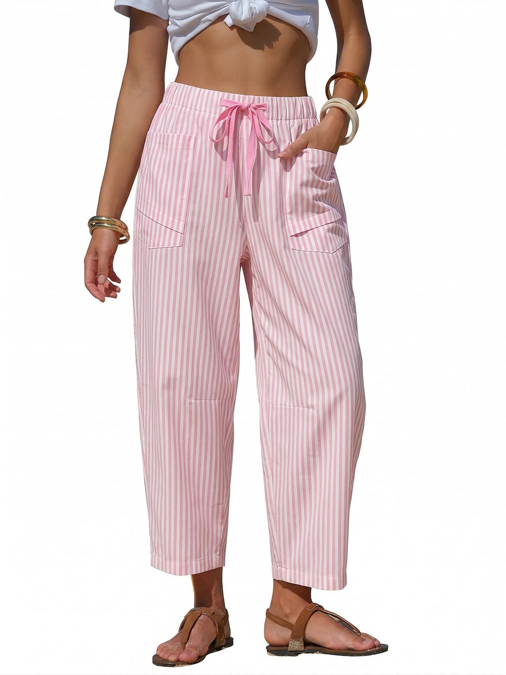 EXLURA Womens Faux Linen Striped Barrel Capri Pants Drawstring Trousers