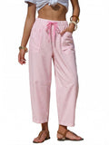 EXLURA Womens Faux Linen Striped Barrel Capri Pants Drawstring Trousers