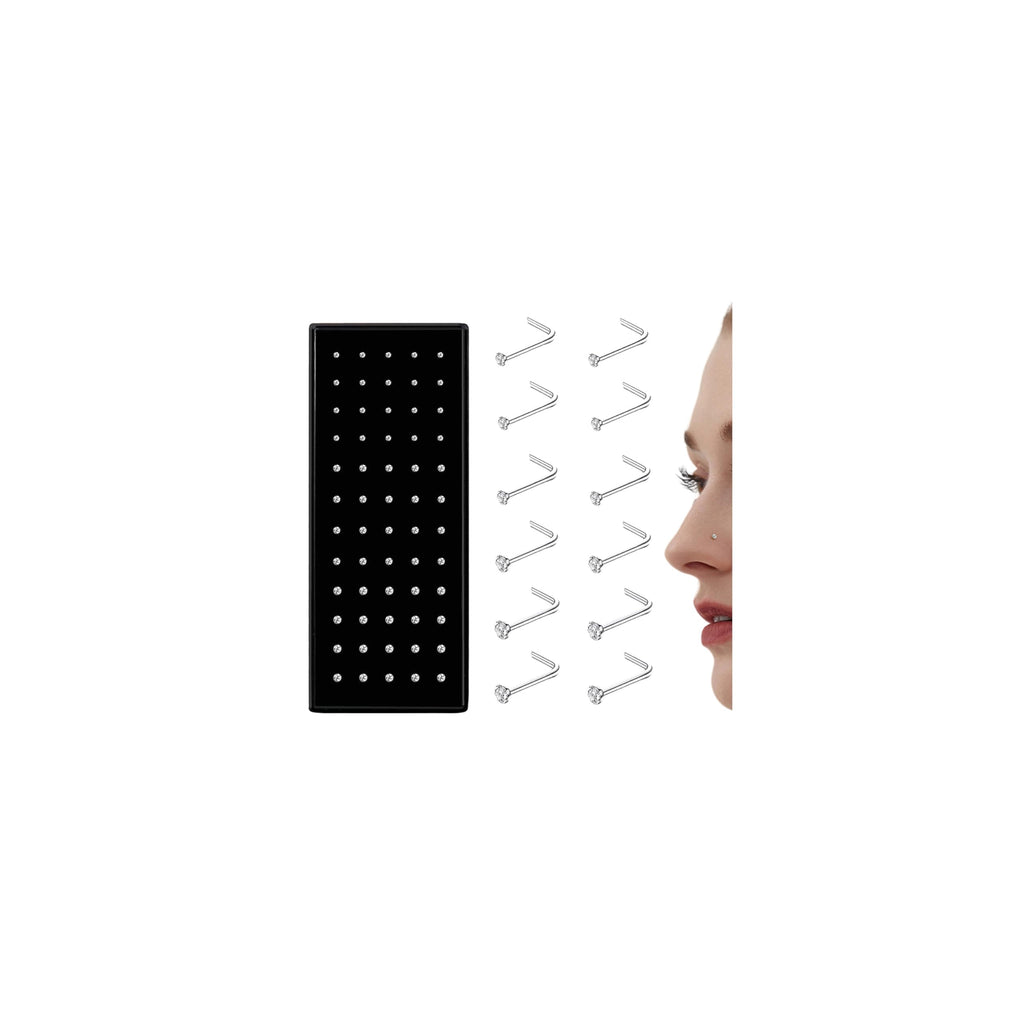 THUNARAZ 60-120pcs Stainless Steel Nose Studs Rings Piercing Pin Body Jewelry 20G-22G 1.5mm 2mm 2.5mm (H:60Pcs White CZ(1.5mm,2mm,2.5mm) 20G L Shaped)