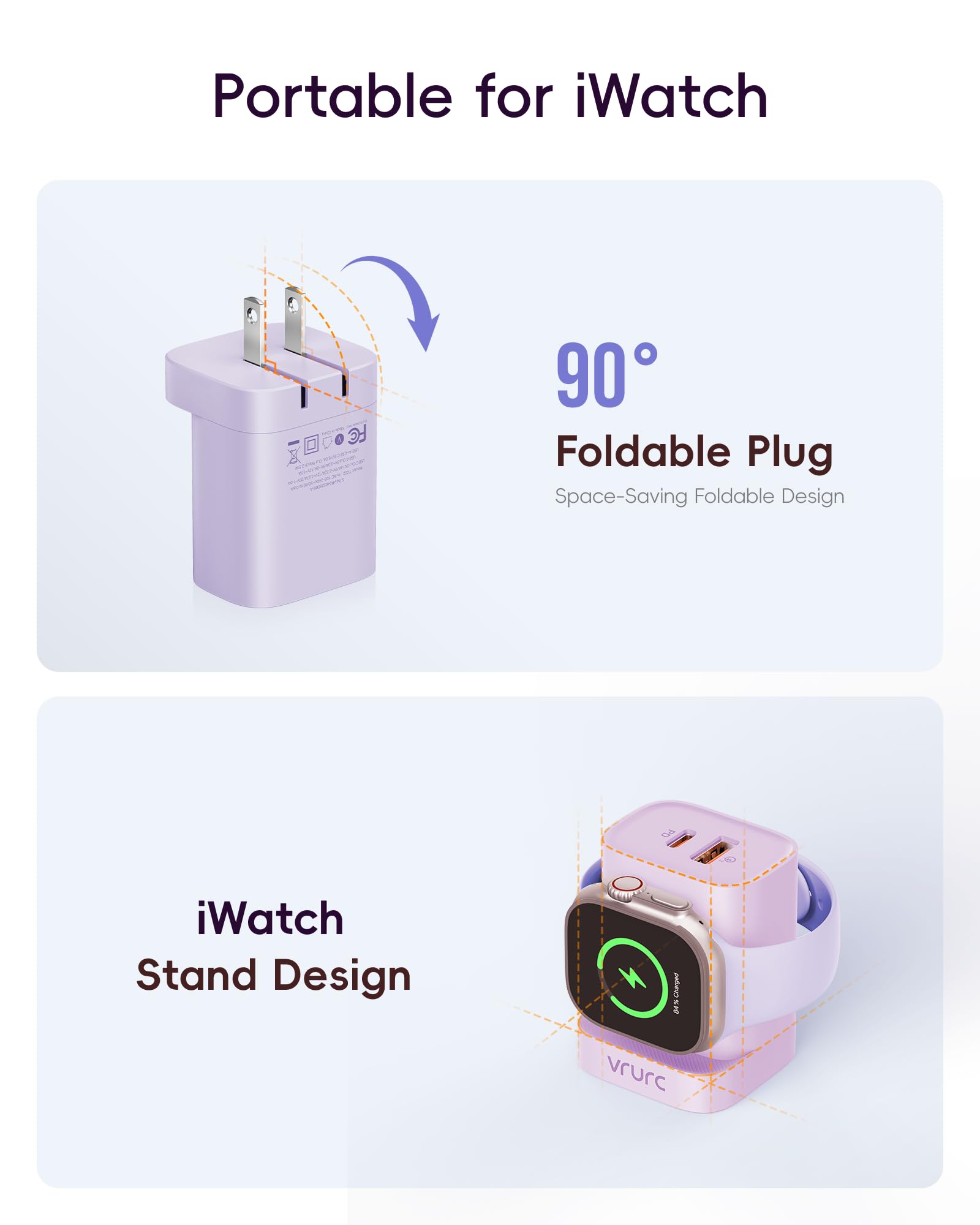 VRURC Charger for iPhone & Apple Watch, 20W USB C Fast Charging Block, 3-in-1 Compact Travel Adapter with 2 Port for iPhone 17/16/15/14/13, Wireless Magnetic for iWatch SE/11/10/9/8/7/6/5/4-Purple