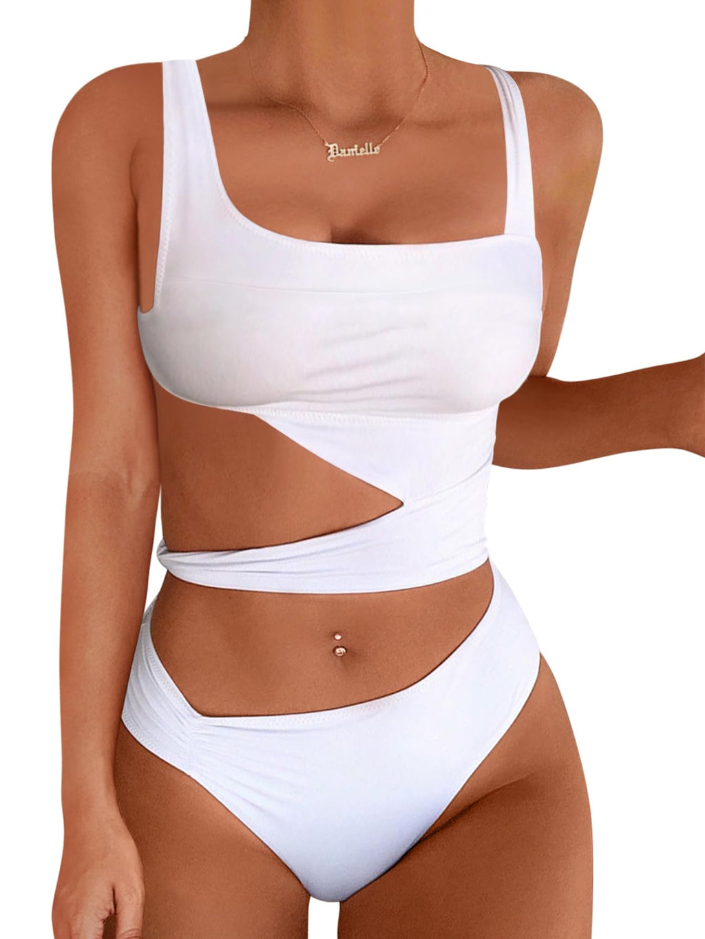Lilosy Sexy Knotted Ruched Cutout Swimsuit High Cut Leg One Piece Cheekly Bikini Brazilian Women Bathing Suit White Medium