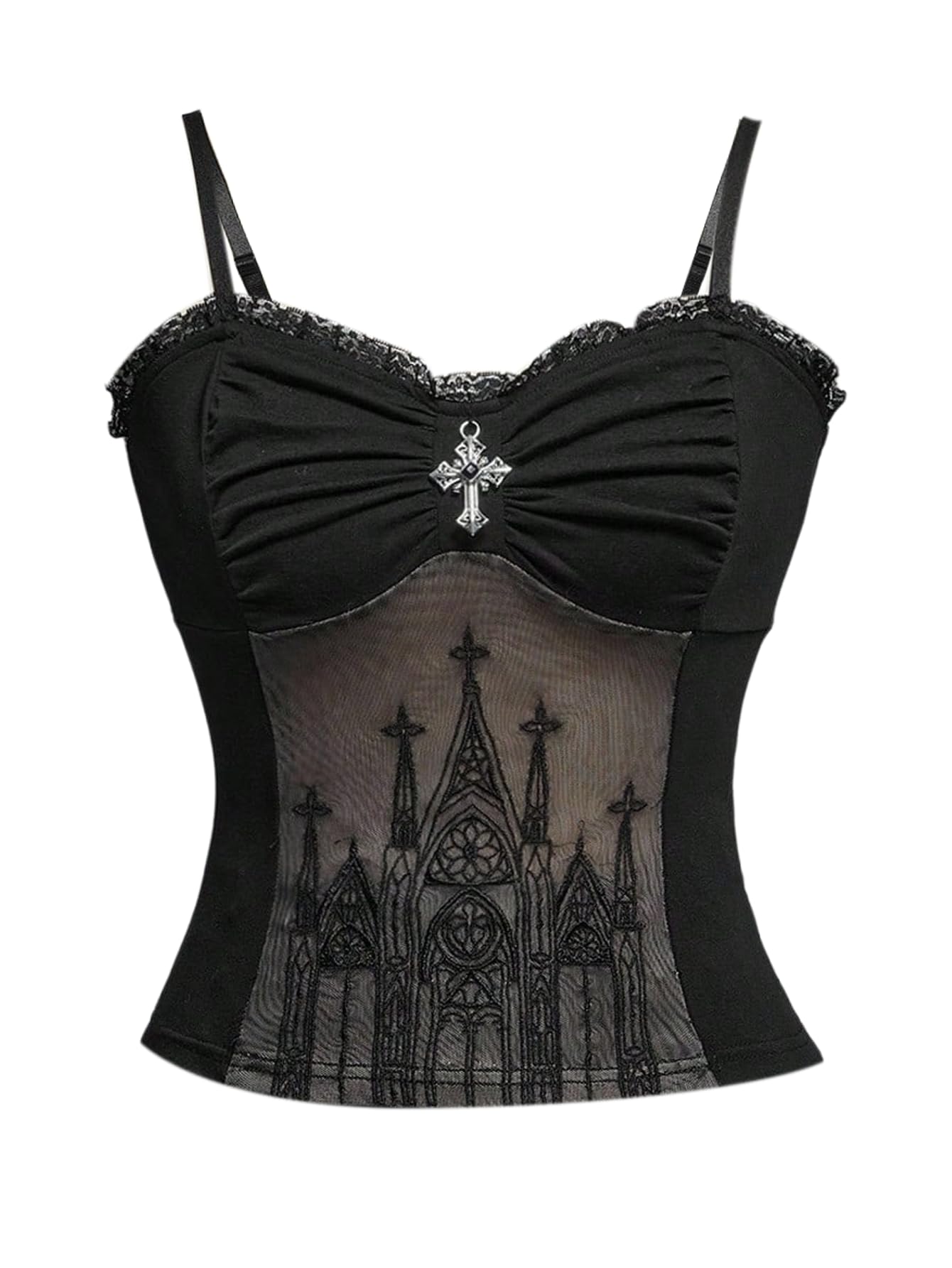 Verdusa Women's Gothic Graphic Sheer Mesh Camisole Tops Ruched Lace Y2K Going Out Tops Black Large