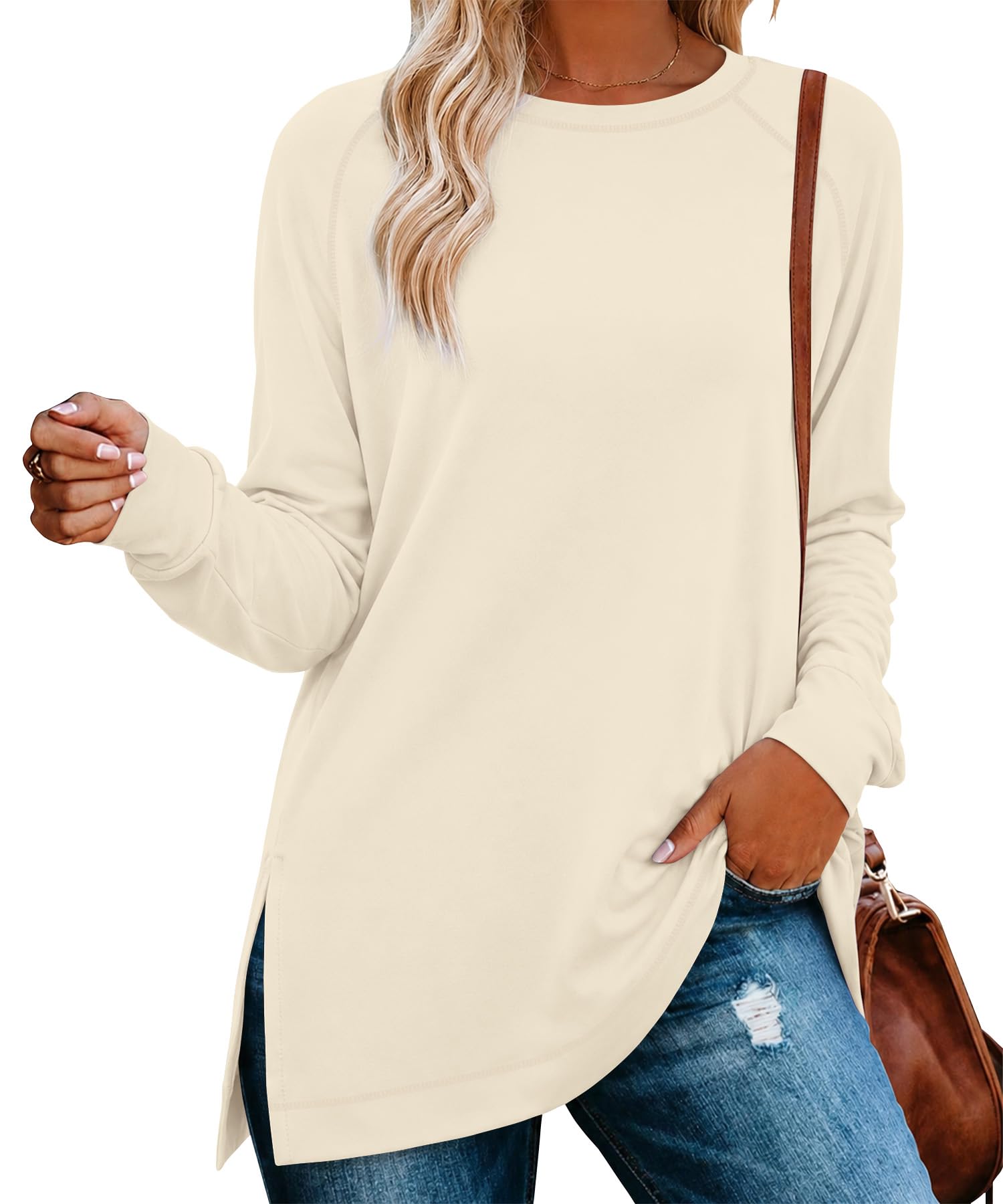 NILOUFO Womens Long Sleeve T Shirts Casual Blouses Trendy Tops Side Split Tunics(Beige, X-Large)