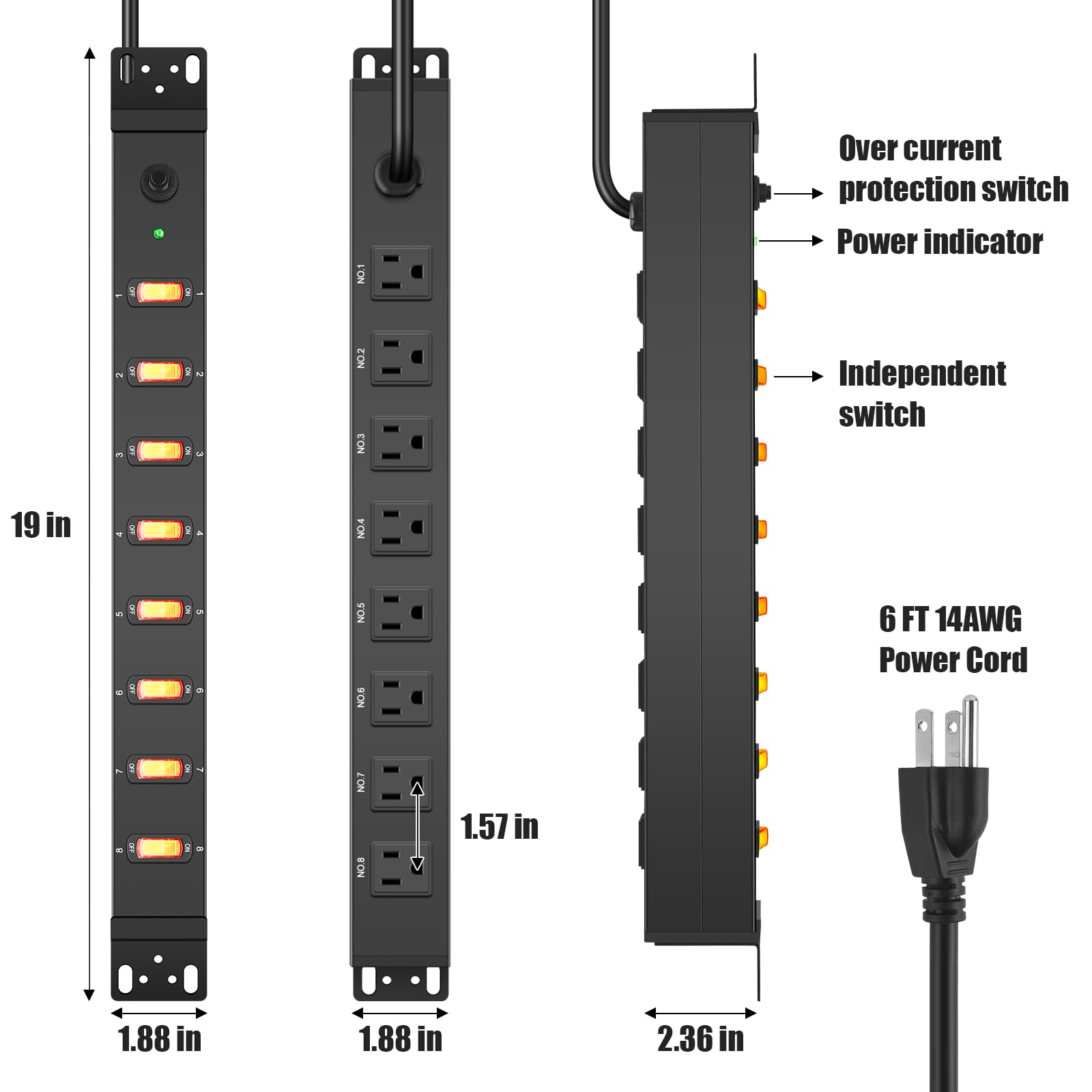 HHSOET 1U Rack Mount Surge Protection, 8 Outlet PDU Power Strip, Metal Mountable Outlet Strip with Switch,1200J, 6ft Power Cord.