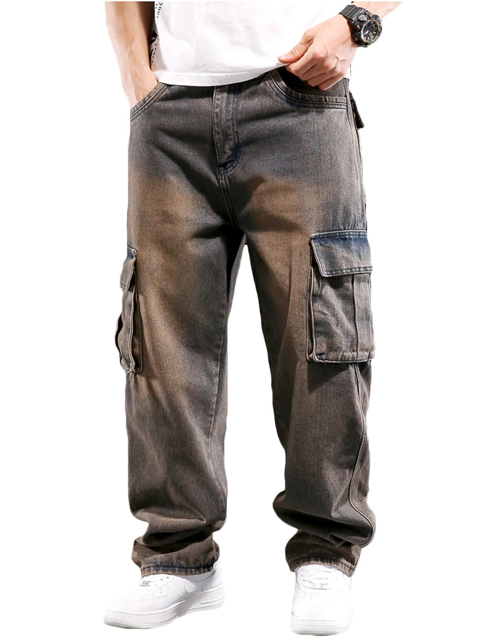 Nutriangee Men's Casual Baggy Cargo Workwear Jeans Loose Fit Straight Leg Hip Hop Denim Pants Yellow 44