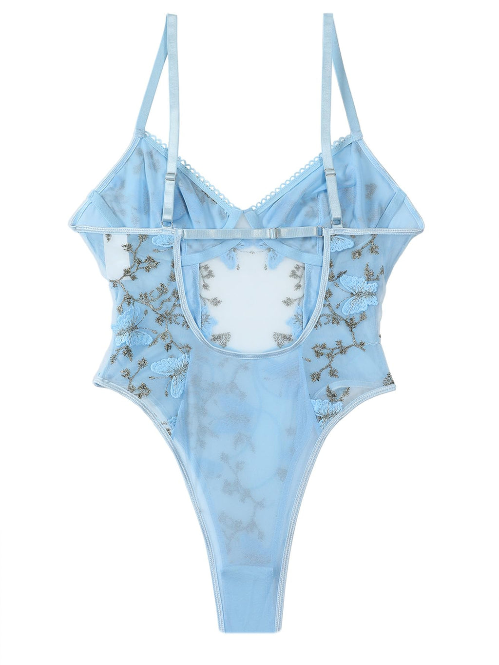 Lilosy Women Sexy Lace Up Floral Embroidered Teddy Babydoll Lingerie Bodysuit Top Mesh Sheer One Piece See Through Butterfly Light Blue Medium