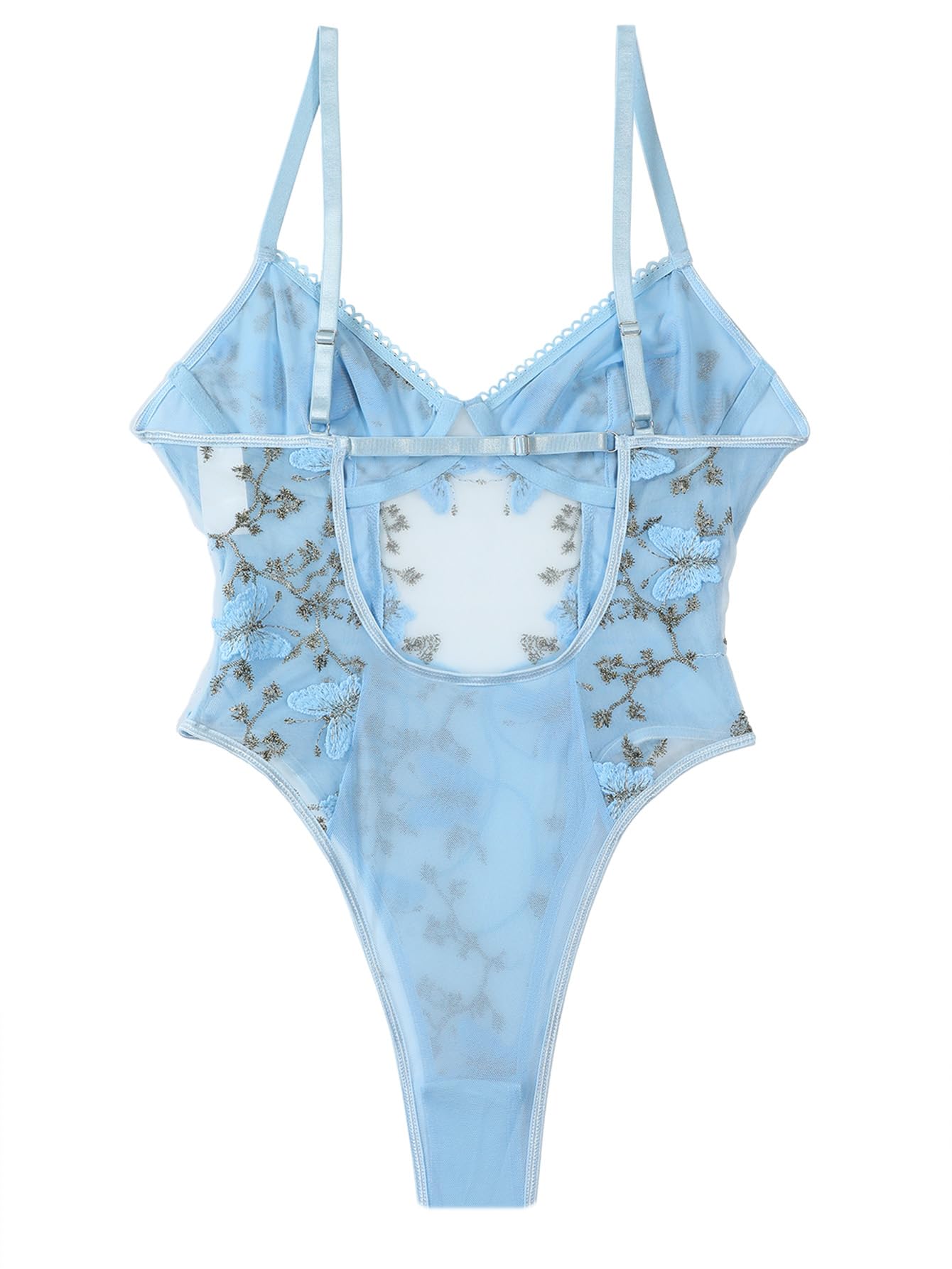 Lilosy Women Sexy Lace Up Floral Embroidered Teddy Babydoll Lingerie Bodysuit Top Mesh Sheer One Piece See Through Butterfly Light Blue Medium