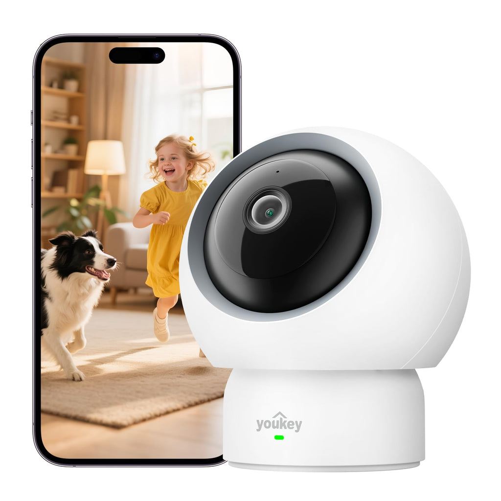 youkey Indoor Camera 2.5K, No Monthly Fees, Pan & Tilt, 360° Dog/Pet Camera for Home Security, 2.4/ 5GHz WiFi 6, Bluetooth Pairing, Human/Pet/Baby Crying Detection, Two-Way Audio, Night Vision