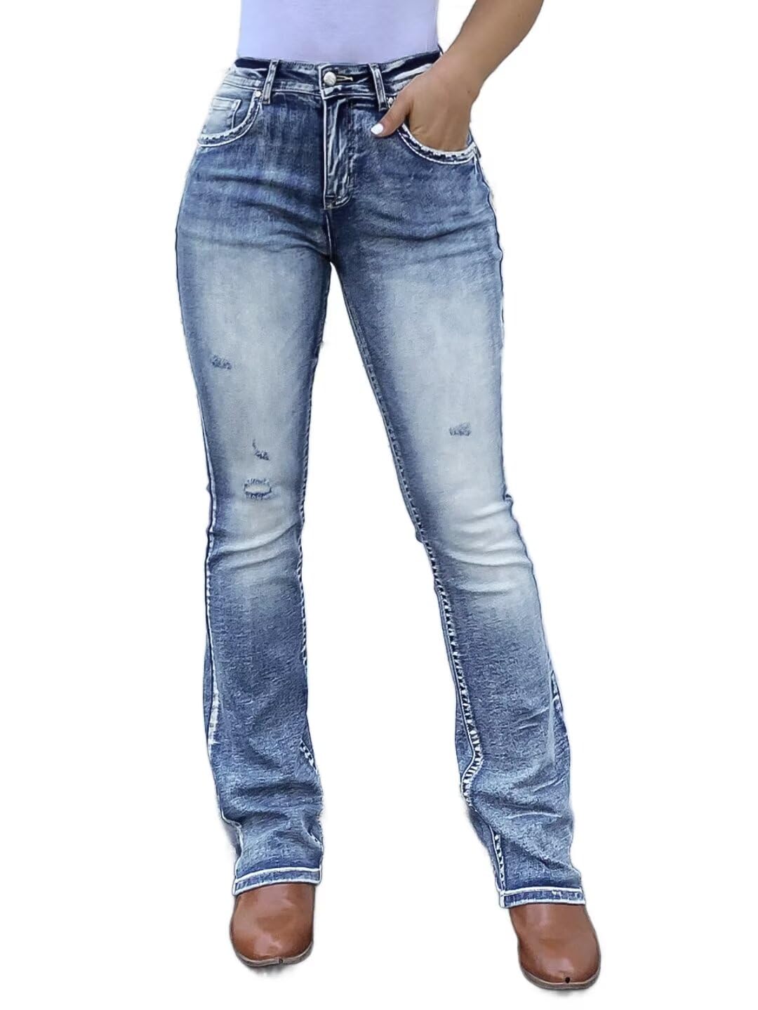 Flamingals Boot Cut Jeans for Women Trendy Stretch Jeans Butt Lifting Tummy Control Denim Pants Mid Blue
