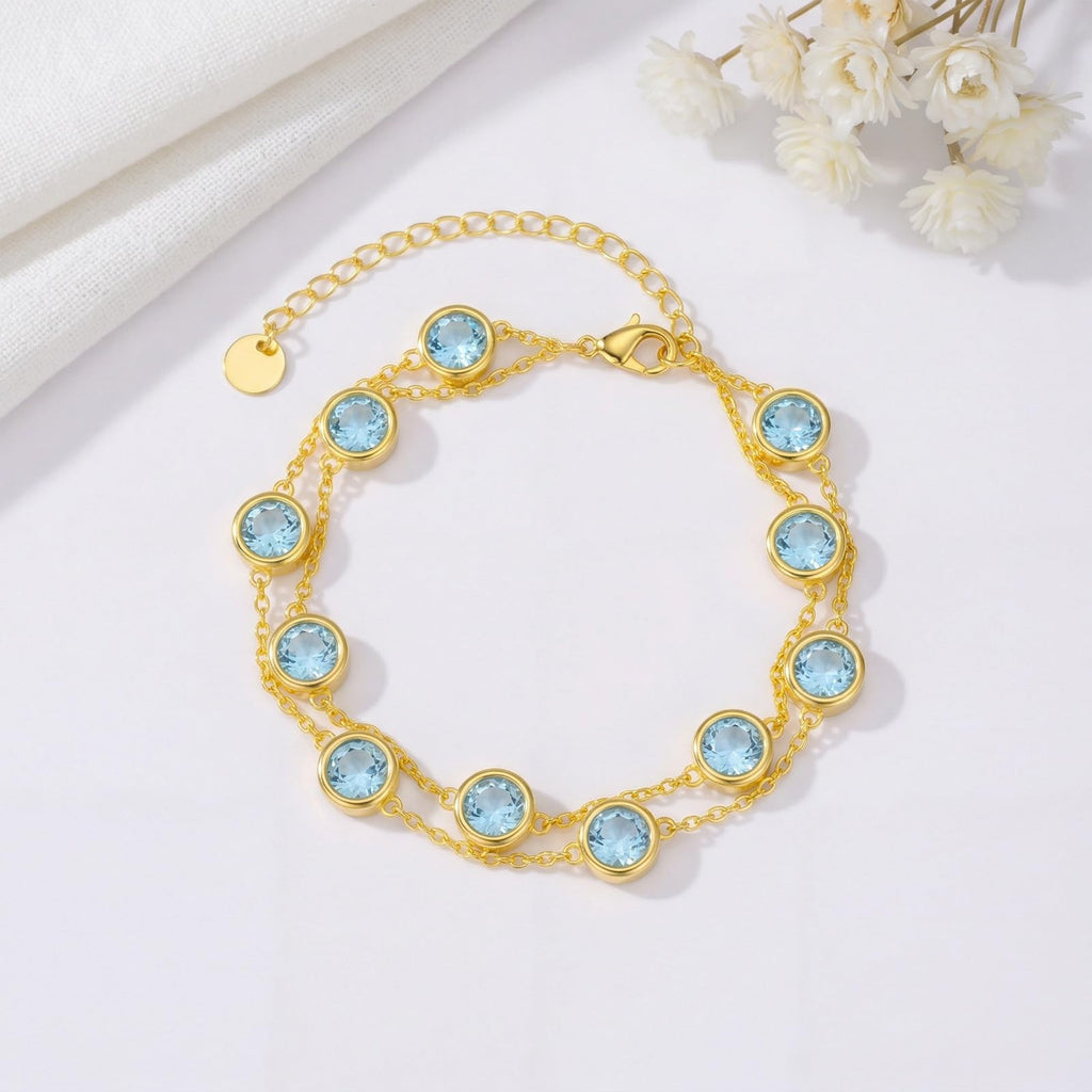 OJK Birthstone Bracelet for Women 14K Gold Aquamarine March Birthstone Bracelet Round Layered Bracelets Anniversary Birthday Jewelry Gifts for Wife Mom Her