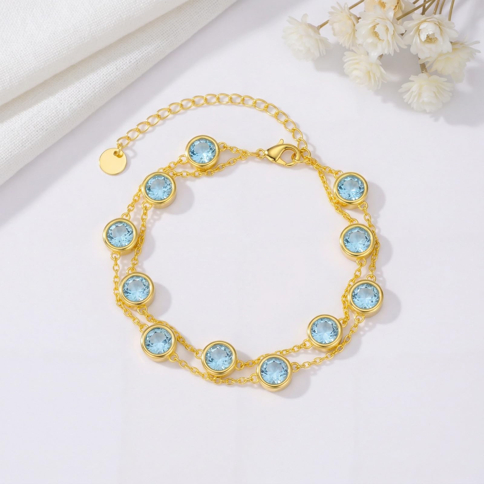 OJK Birthstone Bracelet for Women 14K Gold Aquamarine March Birthstone Bracelet Round Layered Bracelets Anniversary Birthday Jewelry Gifts for Wife Mom Her