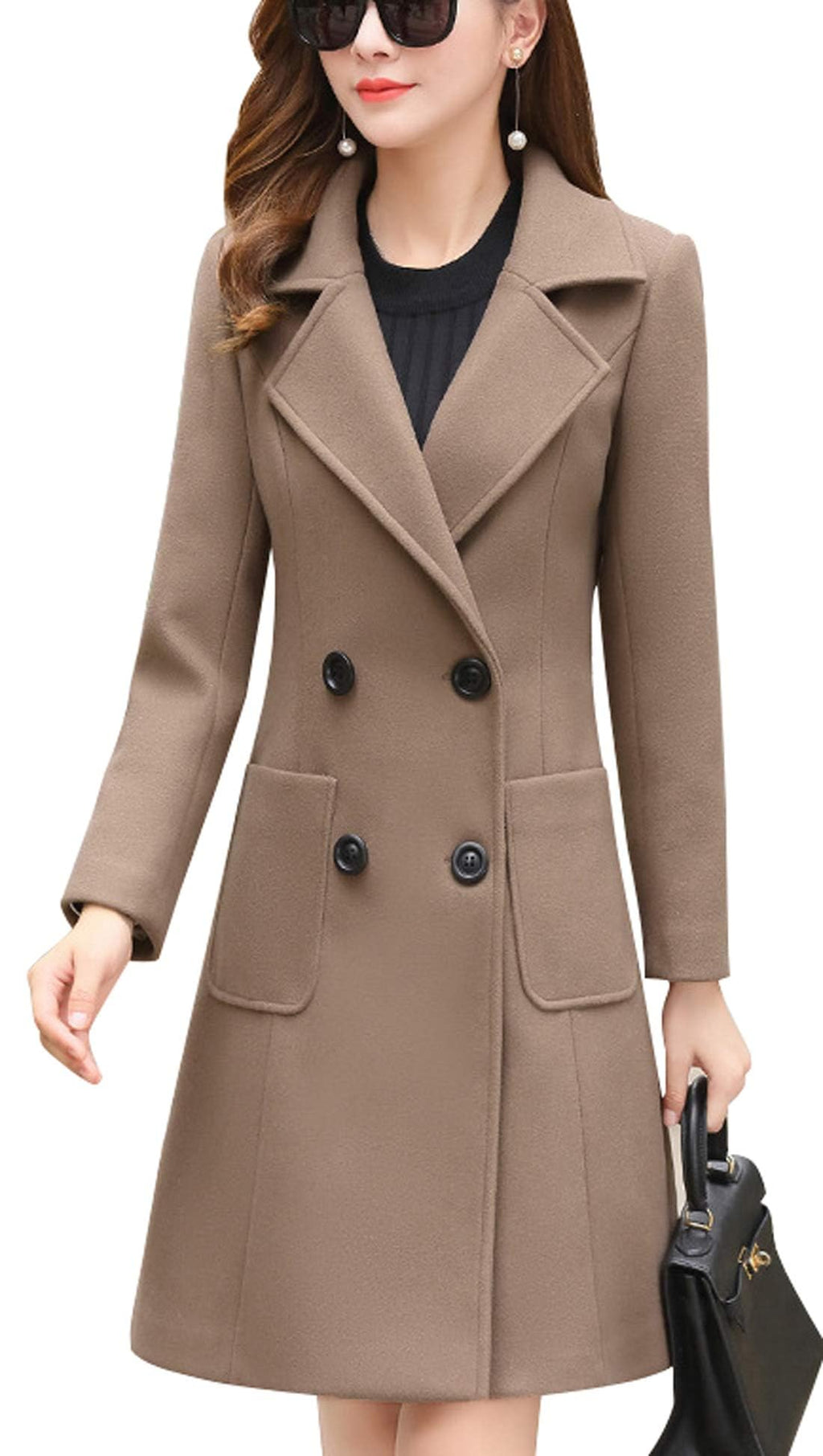 chouyatou Women Elegant Notched Collar Double Breasted Wool Blend Over Coat (Medium, Khaki)