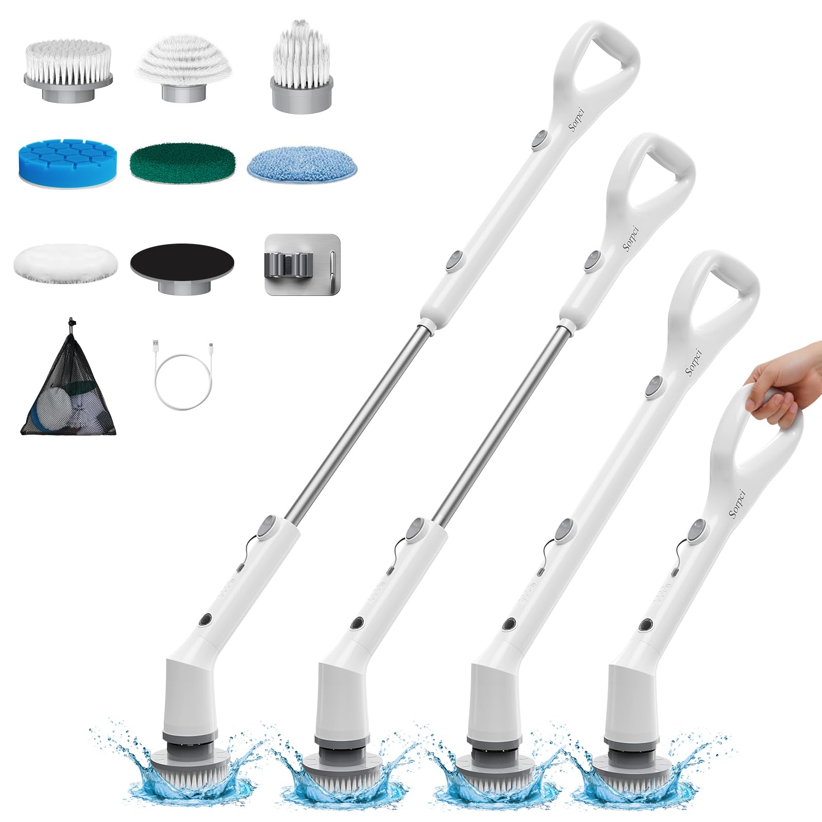 Sorpci Electric Spin Scrubber, 2026 New Cordless Cleaning Brush, Shower Cleaning Brush with 7 Replaceable Brush Heads, Power Scrubber 3 Adjustable Speeds, Detachable Long Handle & IPX7 Waterproof