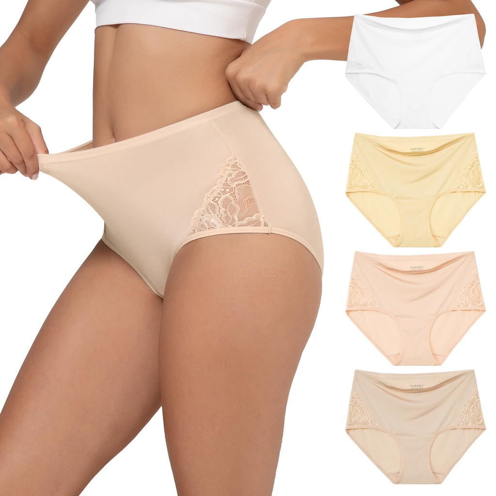 INNERSY Women's High Waisted Lace Nylon Underwear Soft Full Coverage Brief Panties 4 Pack(Bright Fresh,Large)