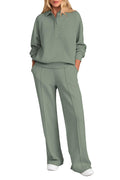 PRETTYGARDEN Women Fall 2 Piece Outfits Sweatsuits Quarter Button Long Sleeve Sweatshirt Wide Leg Pants Tracksuit Lounge Sets(Bean Green,Small)