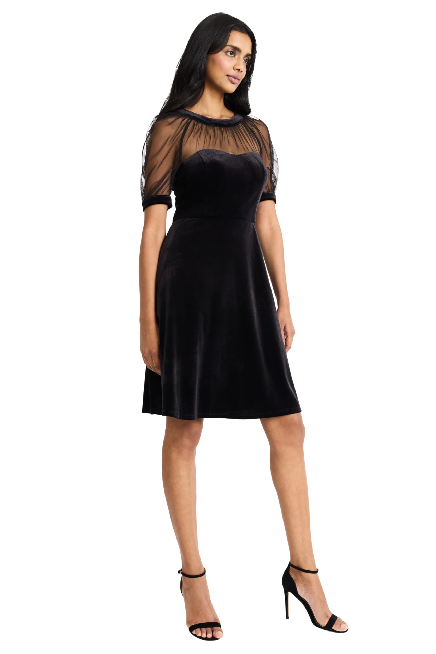 Maggy London - Elegant Black Velvet Illusion Neck Fit & Flare Dress for Wedding Guest & Cocktail Party - 0