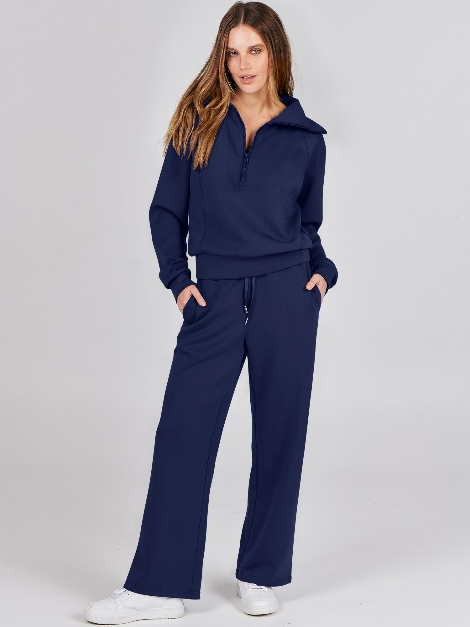 ANRABESS Women 2 Piece Outfits 2025 Fall Fashion Airport Wide Leg Pants Lounge Set Leisure Travel Vacation Clothes Sweatsuits Navy Blue Large