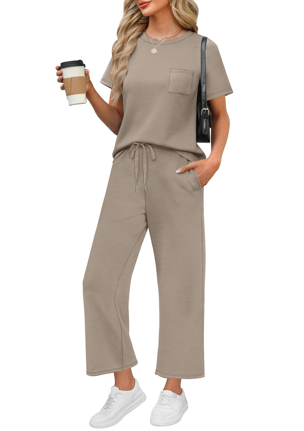 WIHOLL Summer Outfits for Women 2026 Resort Wear Matching Sets Women Clothing 2 Piece Holiday Beach Vacation Travel Airport Outfit Teacher Lounge Sets Tracksuit Coffee M