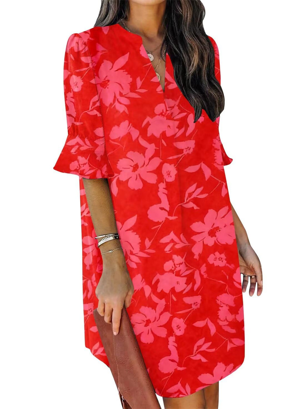 QACOHU Women's Ruffle Dresses Short Sleeve V-Neck Straight Casual Boho Elegant Simple Tunic Dress Red Flower L