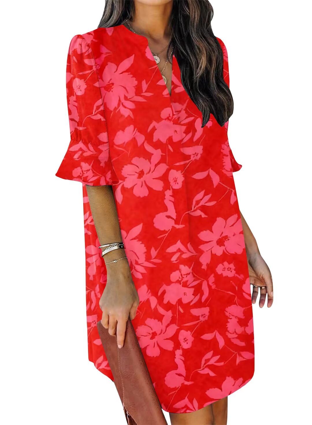 QACOHU Women's Ruffle Dresses Short Sleeve V-Neck Straight Casual Boho Elegant Simple Tunic Dress Red Flower L