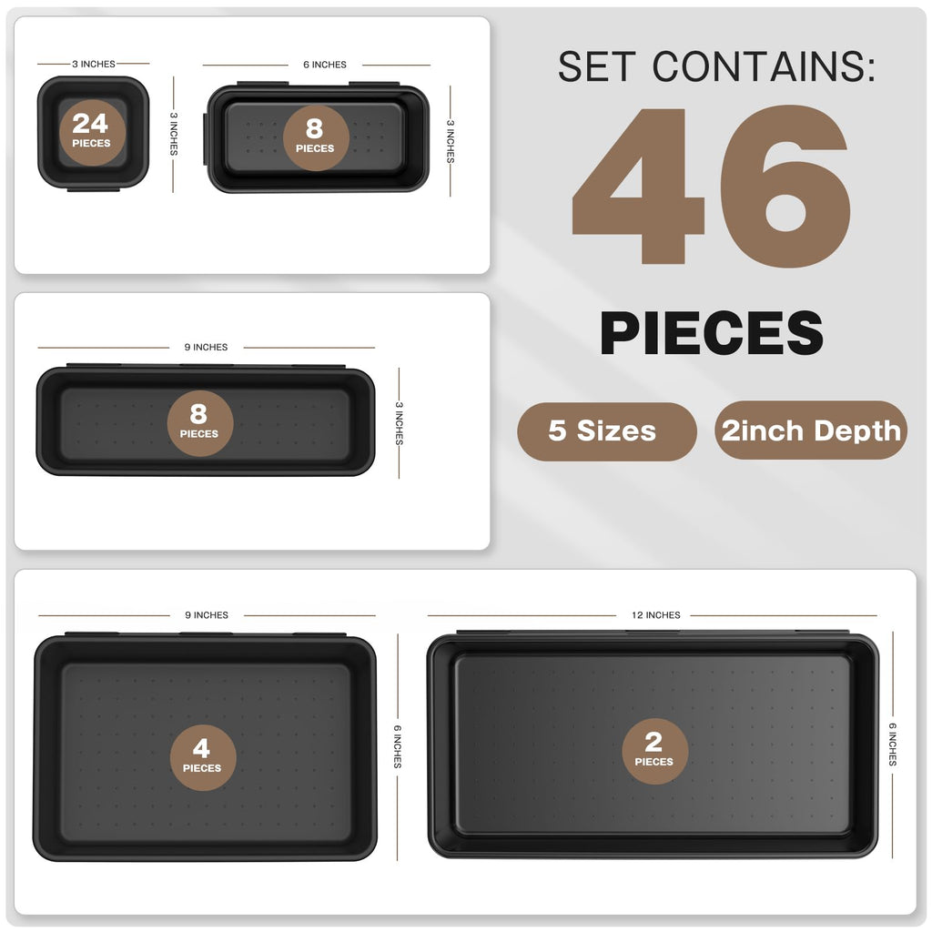 A-LUGEI【𝟰𝟲𝗣𝗖𝗦 & 5 Size】Tool Box Organizer Tray Divider Set, 【Black】 Desk Drawer Organizer, Garage Organization and Storage Toolbox Accessories Rolling Tool Chest Cart Cabinet WorkBench Small Part