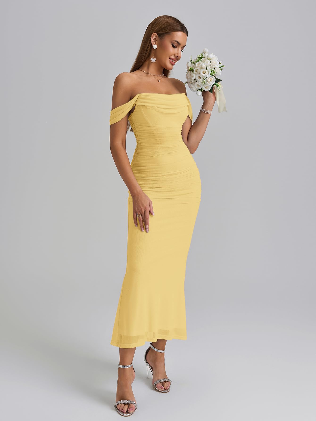 KUTUMAI Off The Shoulder Maxi Long Dress Corset Ruched Bodycon Cocktail Formal Wedding Guest Dresses for Women Yellow M