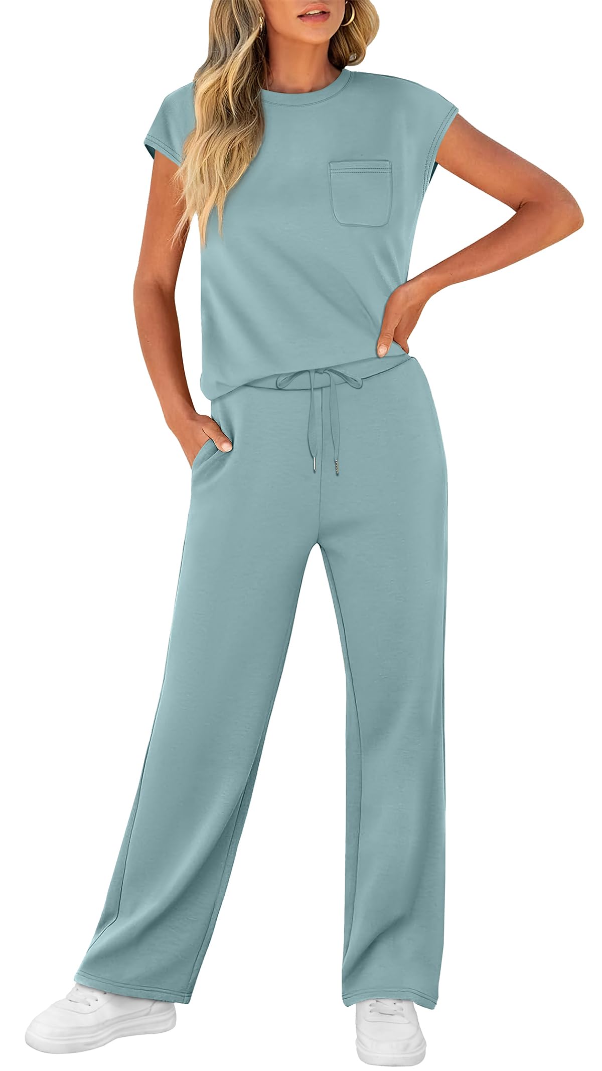 WIHOLL Summer Vacation Outfits for Women 2 Piece Sets Short Sleeve Lounge Set Womens Loungewear Travel Airport Outfits High Waist Wide Leg Pants Comfy Sets for Women Clothing Lake Blue S