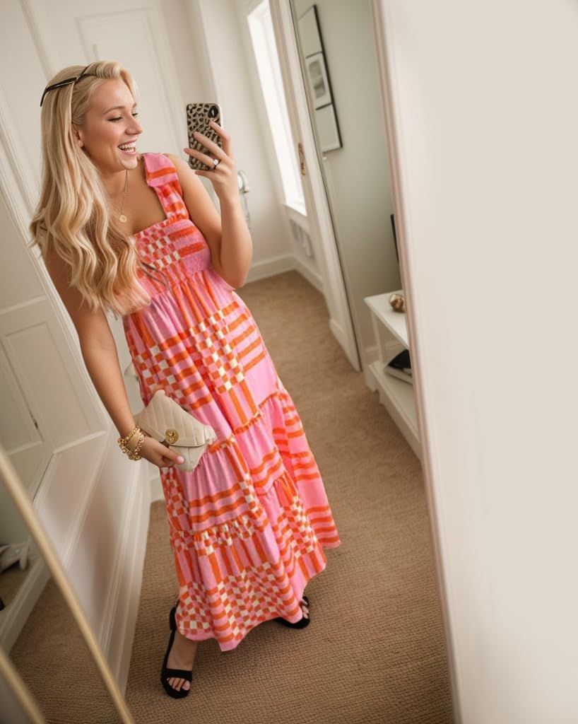 Women's Summer Maxi Dress Boho Spaghetti Straps Casual Long A-line Smocked Beach Dress Square Neck Flowy Sun Dresses Green A-Pink S