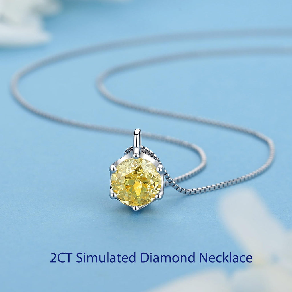 ALQDLI 925 Sterling Silver Necklaces for Women, 2Ct Round Cut 8MM Yellow CZ 5A Cubic Zirconia Pendant 18"+2" Perfect Jewelry Gifts for Christmas Birthday Mothers Day