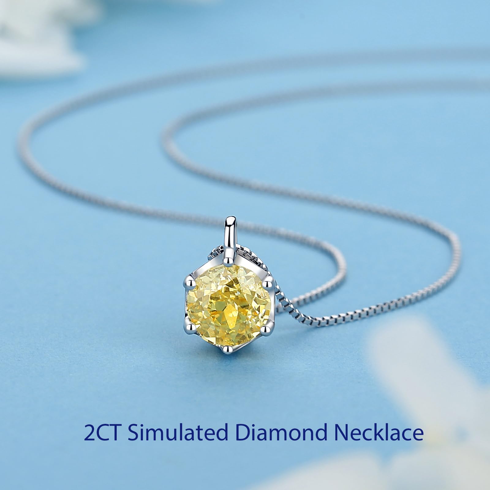 ALQDLI 925 Sterling Silver Necklaces for Women, 2Ct Round Cut 8MM Yellow CZ 5A Cubic Zirconia Pendant 18"+2" Perfect Jewelry Gifts for Christmas Birthday Mothers Day