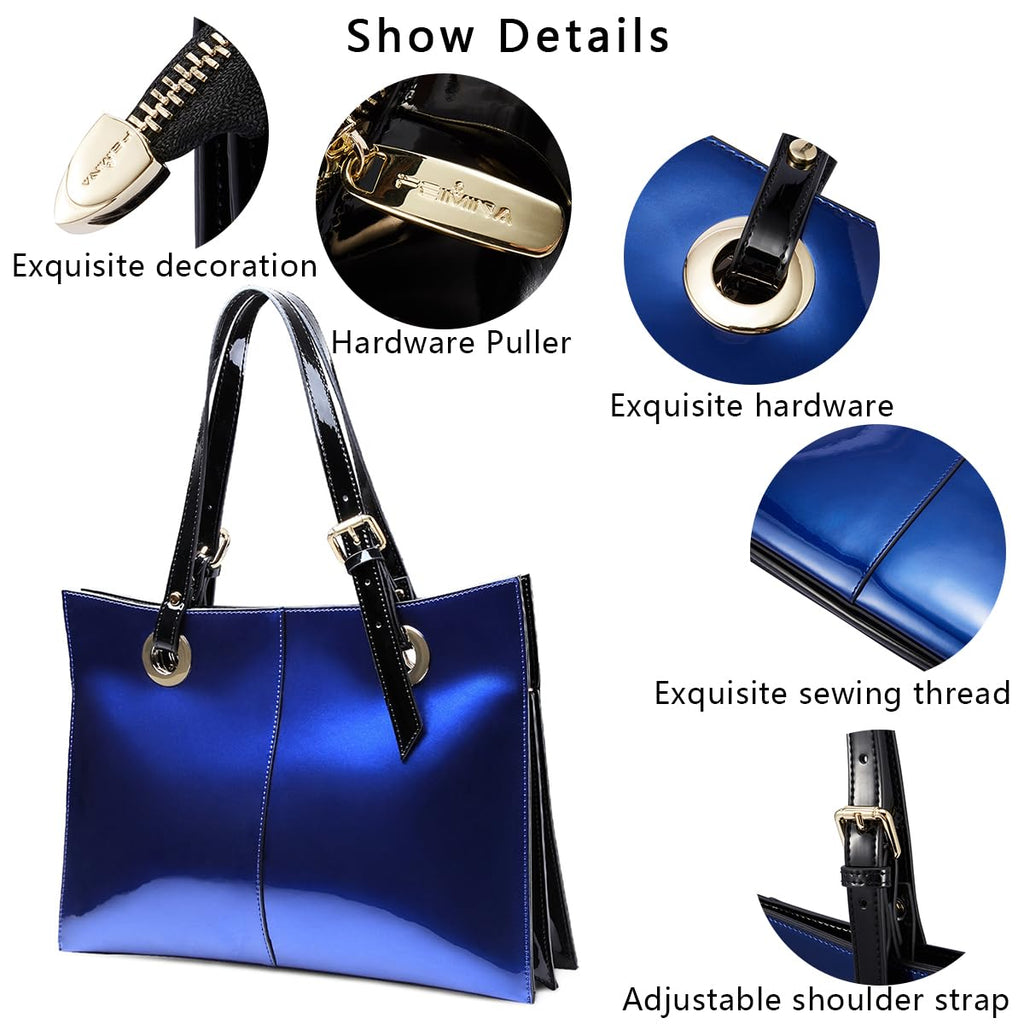 Genuine Leather Purses and Handbag for Women, Large Leather Capacity Work Tote Bag with Zipper, Convertible Designer Shoulder Bag for Commuting, Travel, Shopping Blue