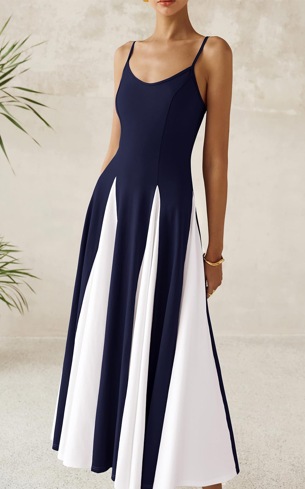 PRETTYGARDEN Spaghetti Strap Backless Spring Dresses for Women 2026 Flowy Maxi Dresses Sleeveless Wedding Guest Dress Navy White, Small