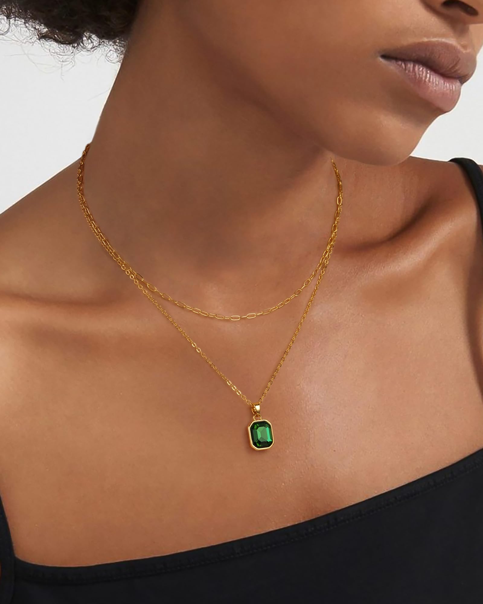 ACECHA Gold Layered Necklaces for Women, 18k Gold Plated Paperclip Chain Choker Necklace with Rectangle Crystal Birthstone Pendant Dainty Emerald Green Jewelry Gifts (Emerald)