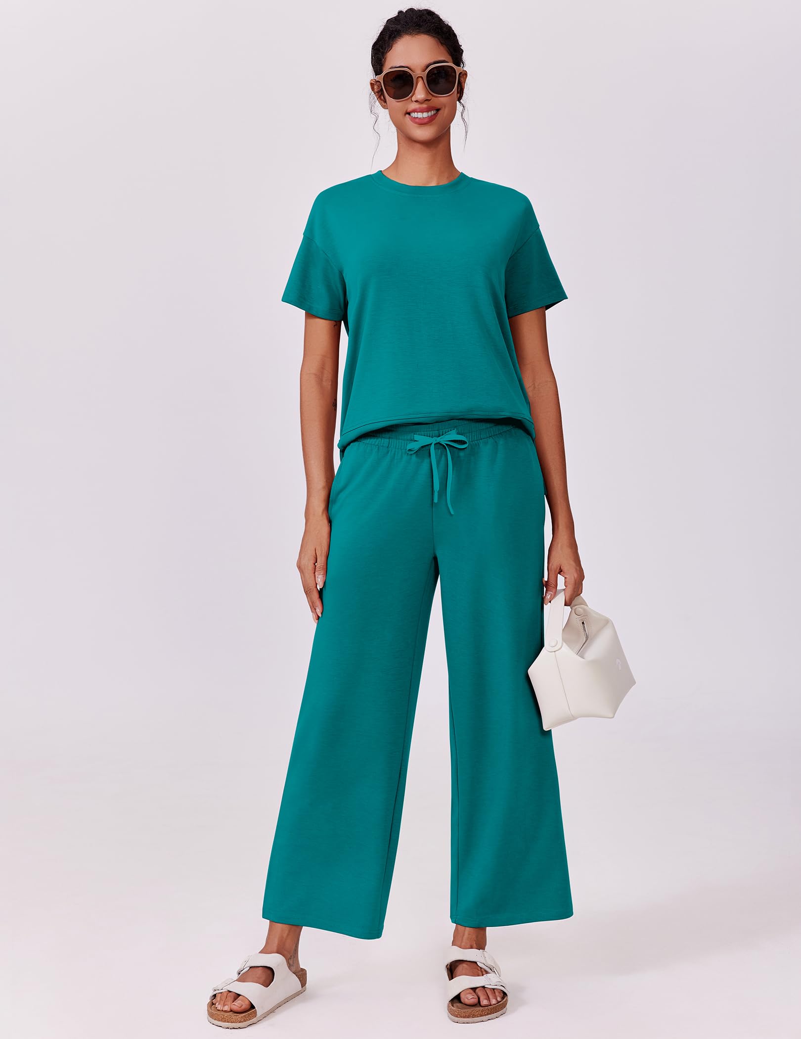 PINSPARK Matching Sets Short Sleeve Soft Lounge Sets for Women Soft Crewneck Sweatsuit with 2 Pockets Summer 2025 Womens Fashion,Teal X-Large