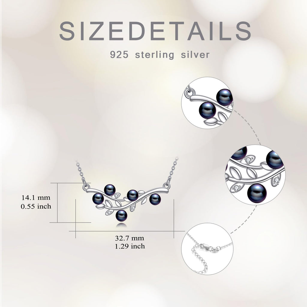 4mm Tahitian Black Pearl Necklace, 925 Sterling Silver Leaf Art Deco Jewelry With Lab Created Diamonds, Mother's Day Anniversary Birthday Gifts For Women Wife Mother