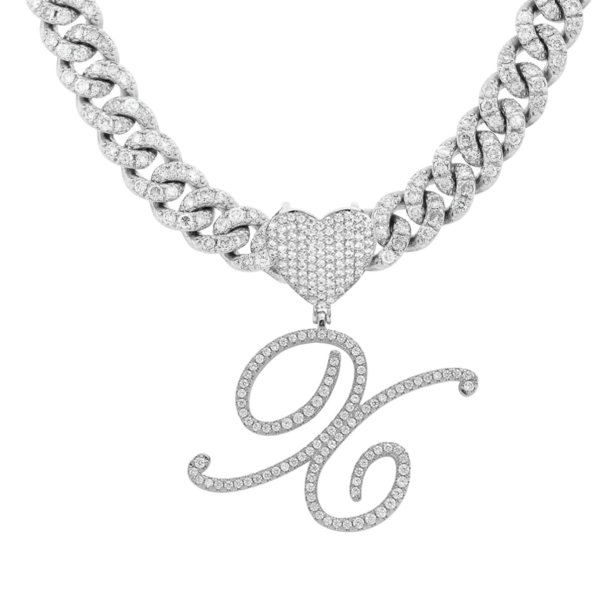 BLBLJERY X Initial Necklaces Silver Cuban Link Chain for Women Iced Out Chain with Heart Letter Pendants Custom Chain Name Necklace Hip Hop Jewelry Gift