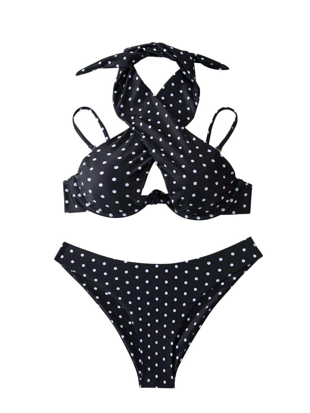 Lilosy Sexy Cute Underwire Push Up Cutout Halter Criss Cross High Cut Leg Thong Brazilian Bikini Swimsuit Set Women Cheeky Bottom Bathing Suit 2 Two Piece Polka Dot Black Medium