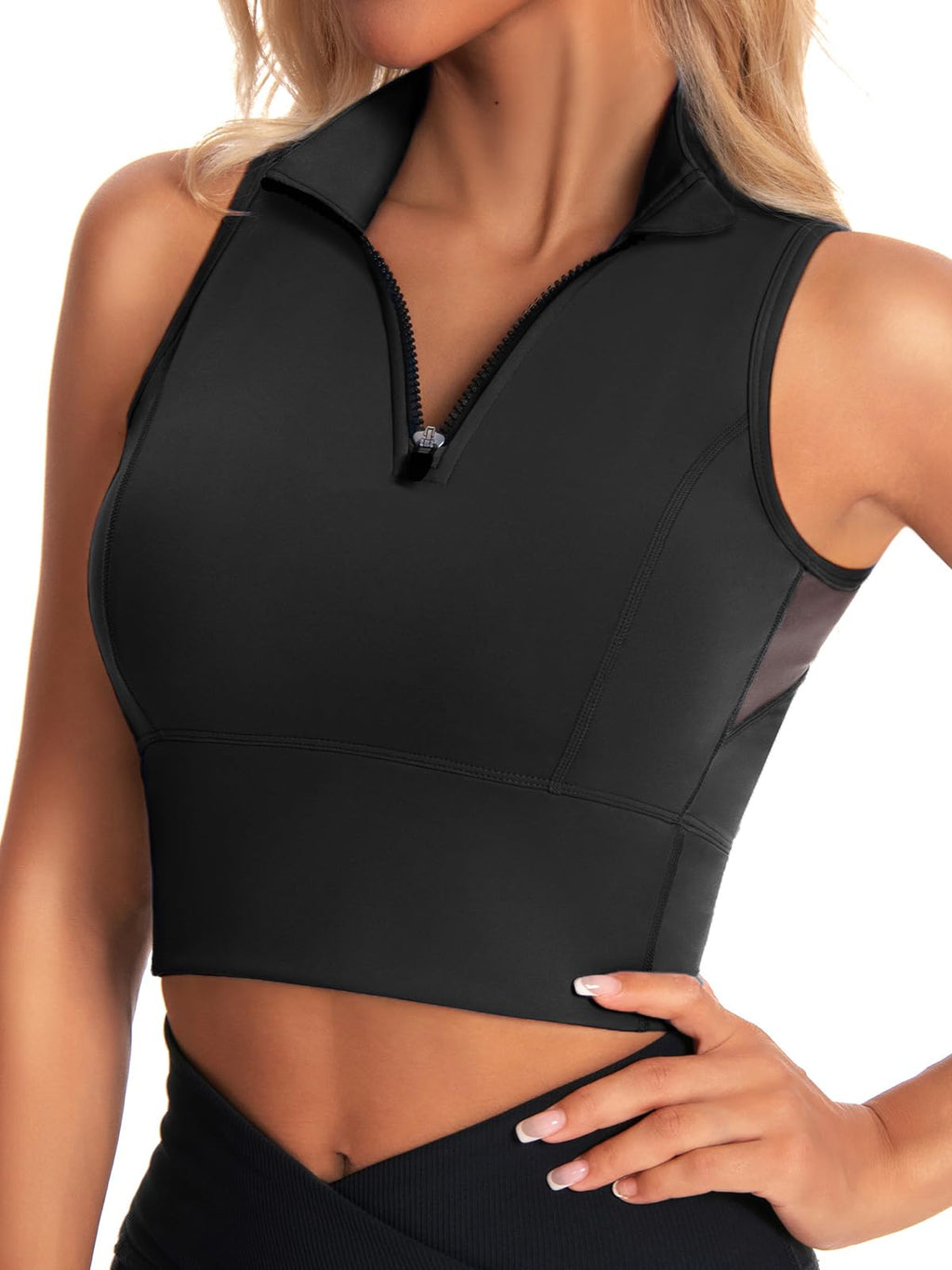 AAARYA Zip Front Cropped Workout Tank Tops with Built in Sports Bra Black M