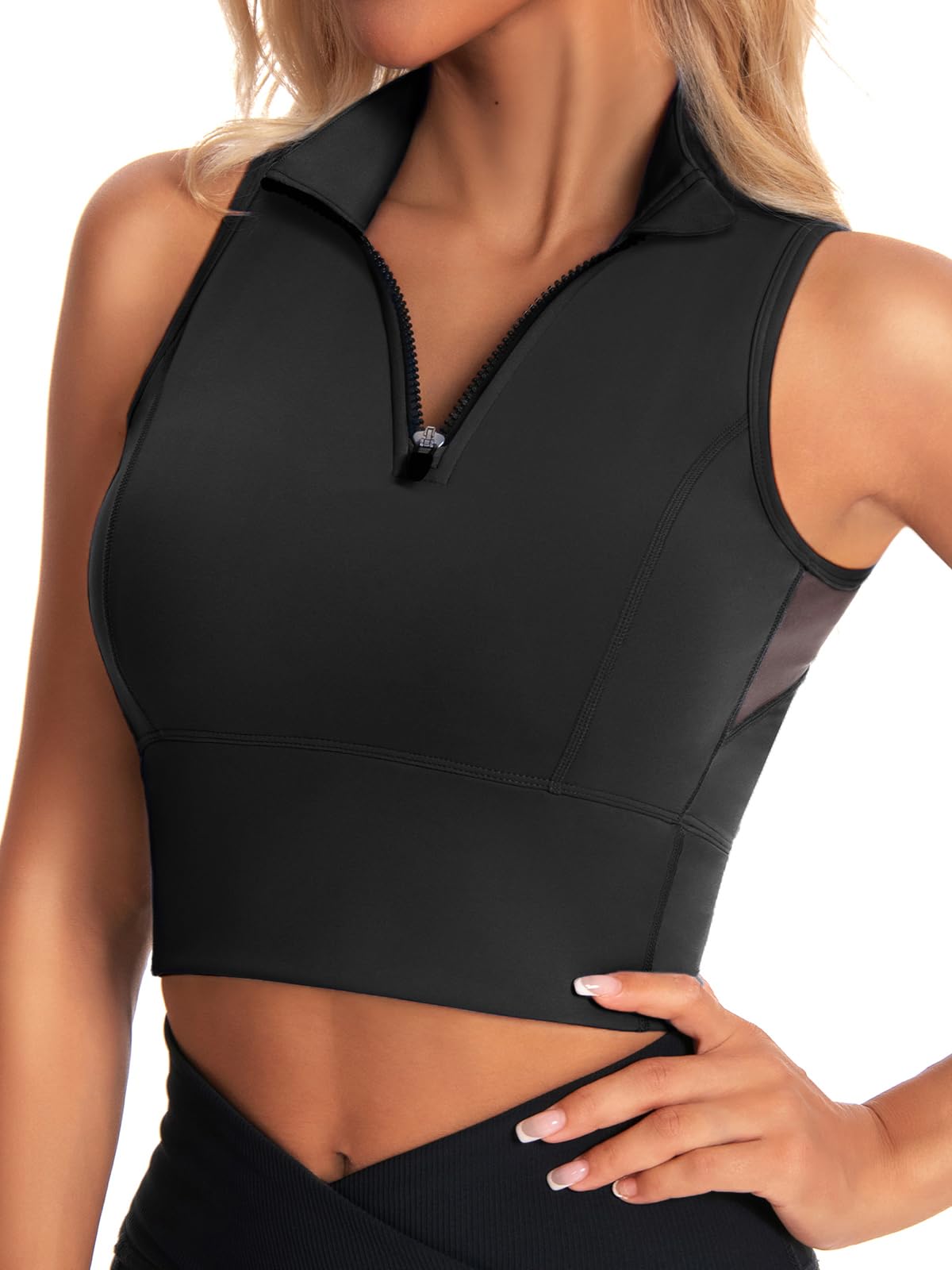 AAARYA Zip Front Cropped Workout Tank Tops with Built in Sports Bra Black M