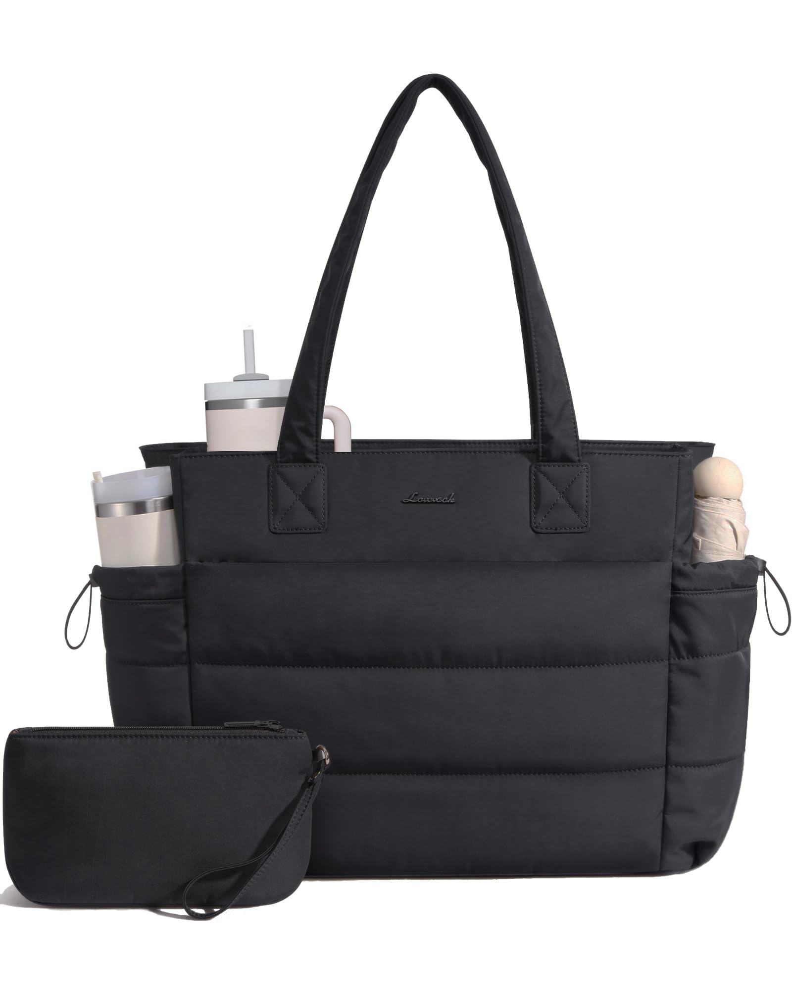 LOVEVOOK Tote Bag for Women with Giant Tumbler Holder Pocket, Puffer Work Travel Handbag with Zipper for Nurse Teacher, Quilted Cute Laptop Shoulder Purse with Compartments for Office Gym, Black