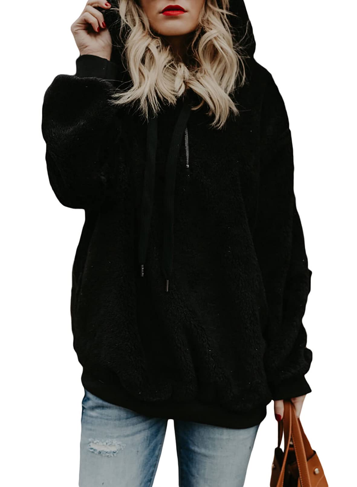 Acelitt Women's Winter Plus Size Zip Fuzzy Sherpa Sweatshirt Long Sleeve Fashion Loose Fleece Casual Hoodies Jackets Pullovers Sweater Black XXL